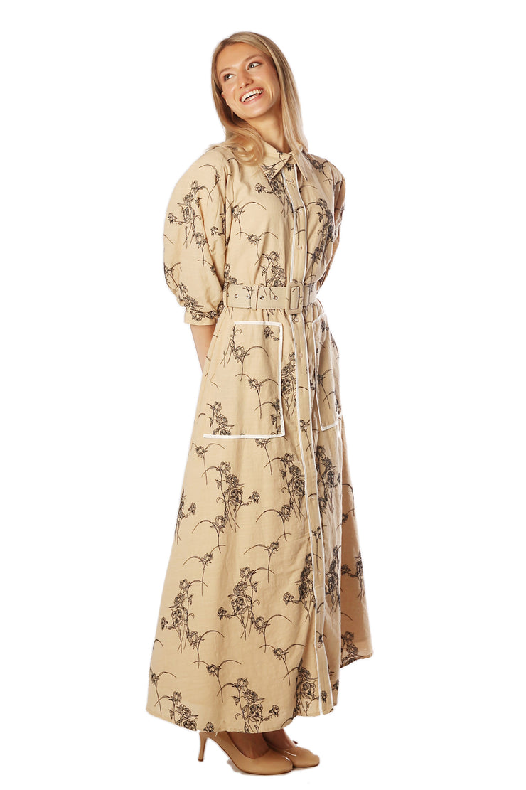 Linen Look Floral Large Pocket Dress