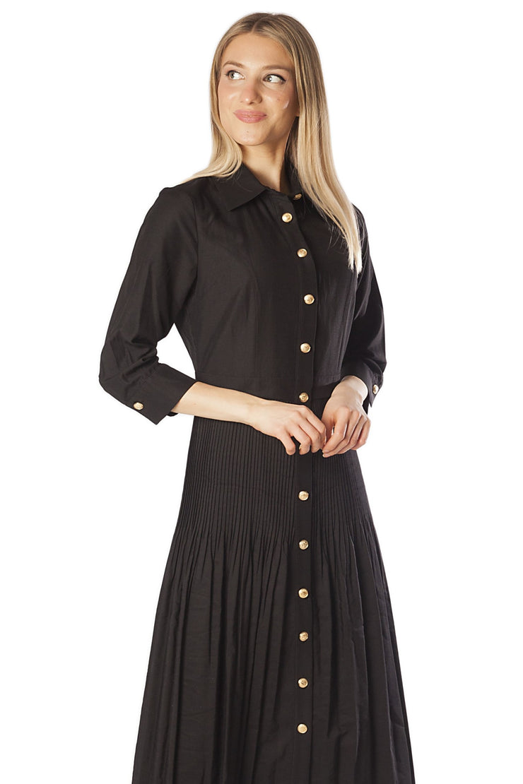 Micro Pleated Sleeve Button Dress