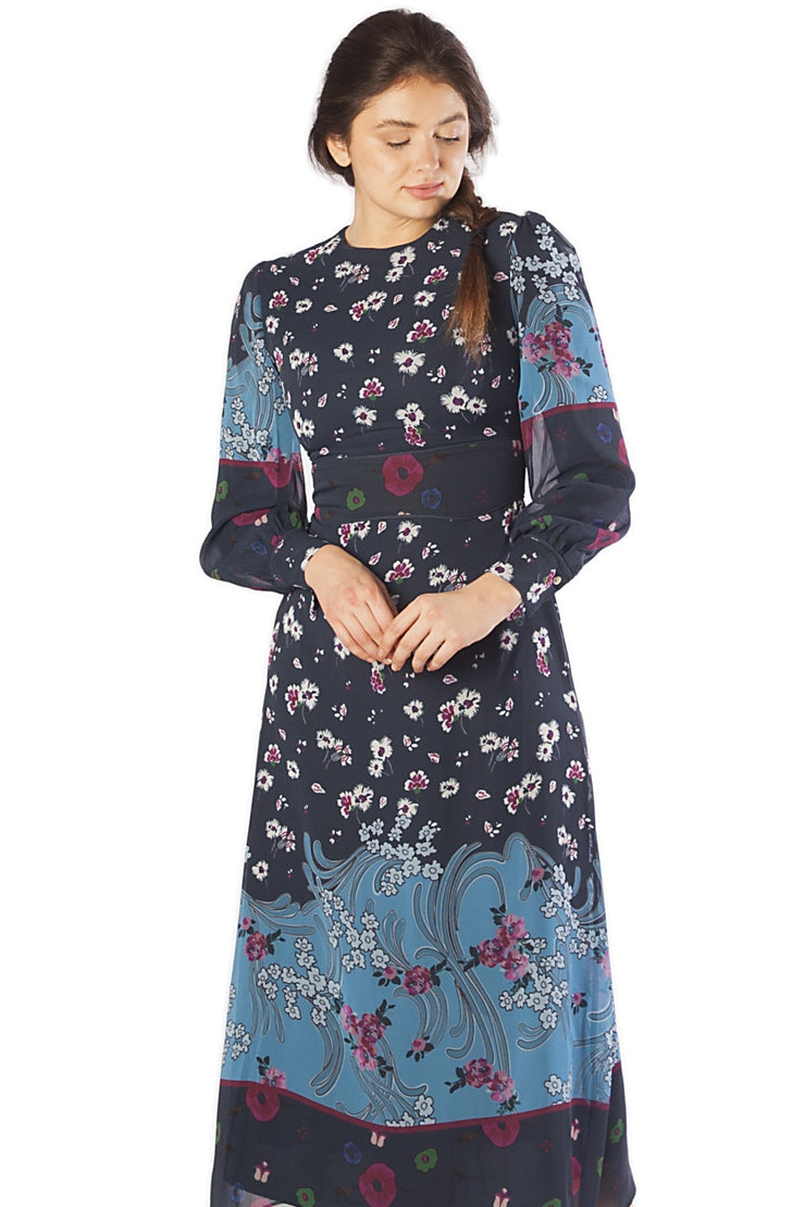 Piped Waist Placement Floral Dress