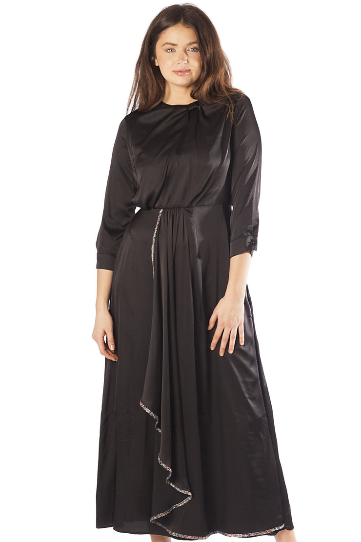 Trimmed Skirt Overlay Dress w/ Side Drape