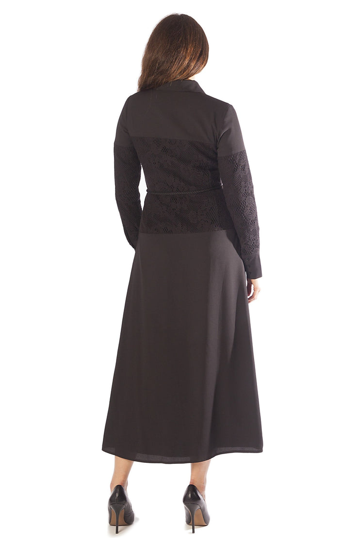 Lace Bodice A Line Dress w/ Belt - Black