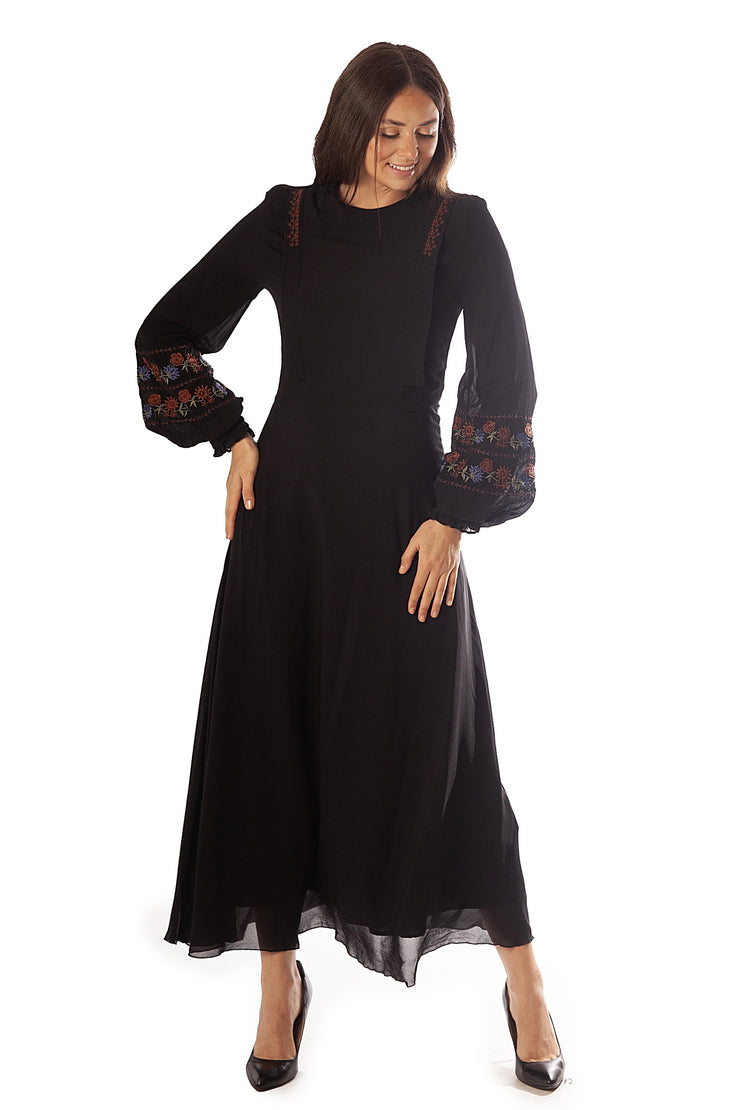 Embroidered Sleeves + Flaps Chiffon Dress