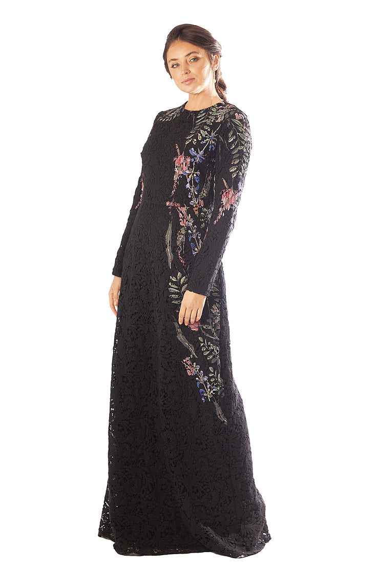 Side Printed Floral Lace Gown