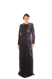 Side Printed Floral Lace Gown