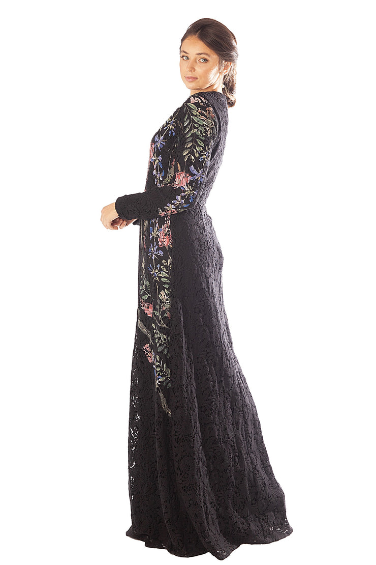 Side Printed Floral Lace Gown