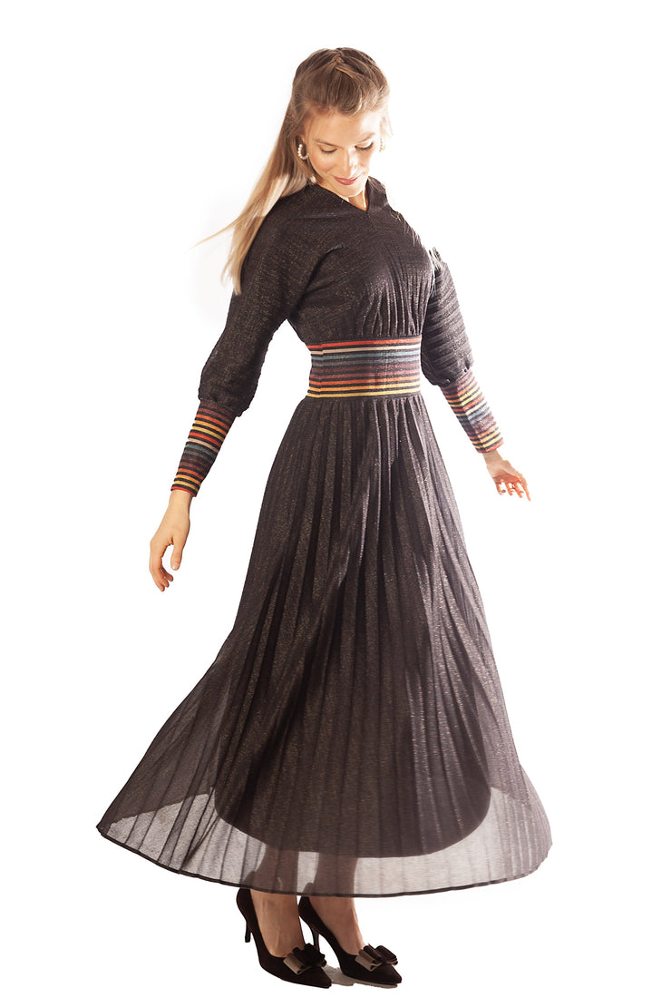 Striped Waist + Cuff Knit Pleated Dress