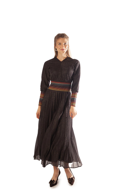 Striped Waist + Cuff Knit Pleated Dress