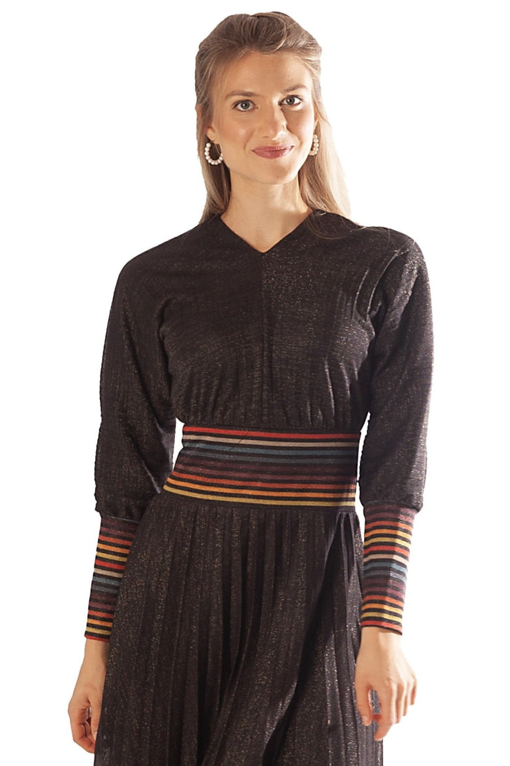 Striped Waist + Cuff Knit Pleated Dress