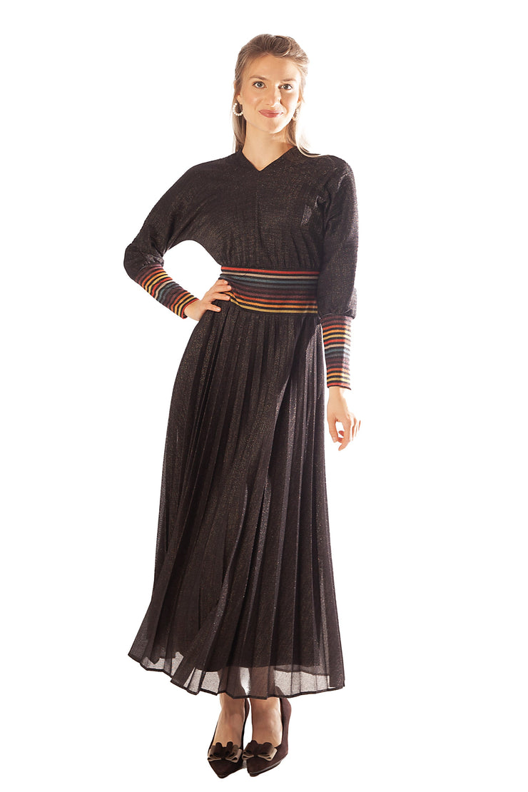 Striped Waist + Cuff Knit Pleated Dress