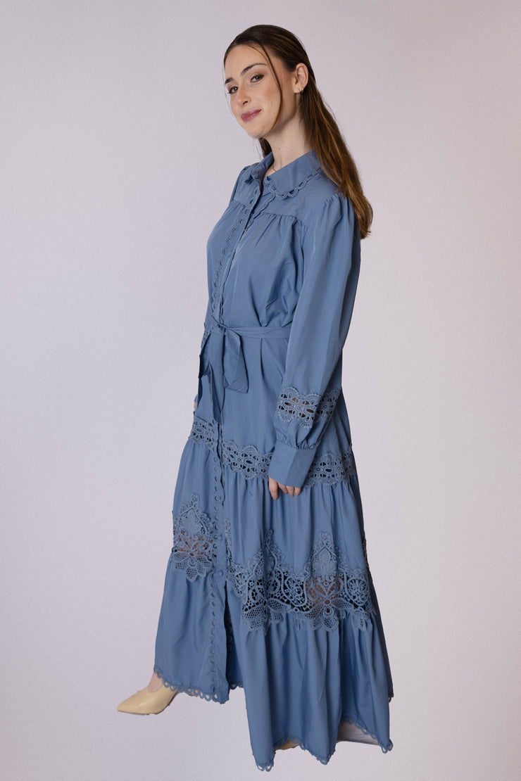 Collared Lace Paneled Gown