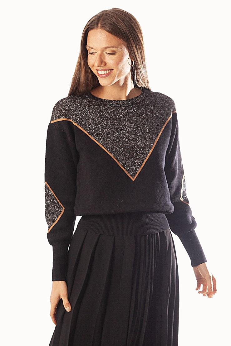 Lurex V Detail Crew Neck Sweater