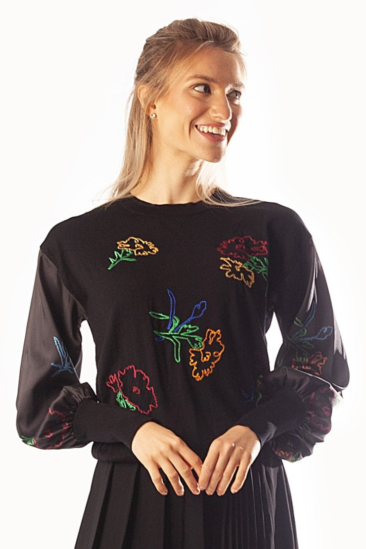 Woven Sleeve w/ Flowers Sweater