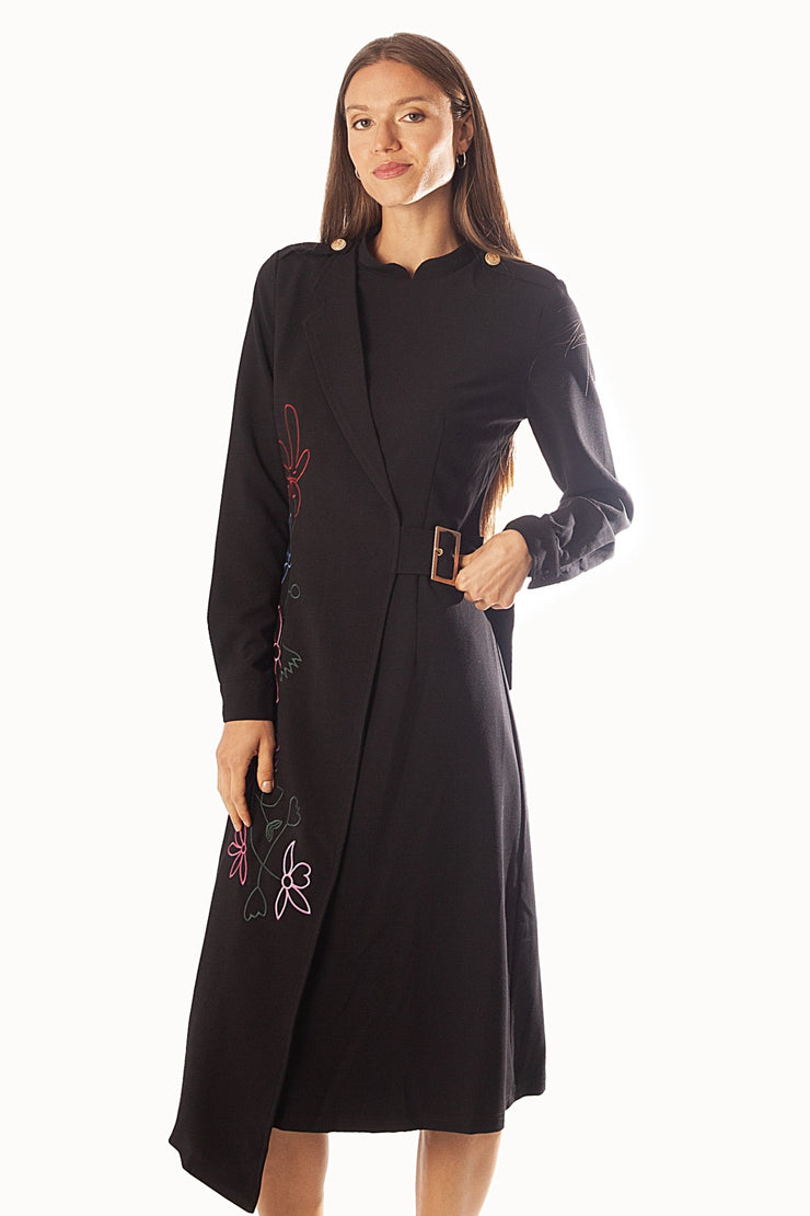 Half Belted Side Embroidery Dress