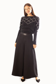 Leatherette Waistband Center Pleat Skirt