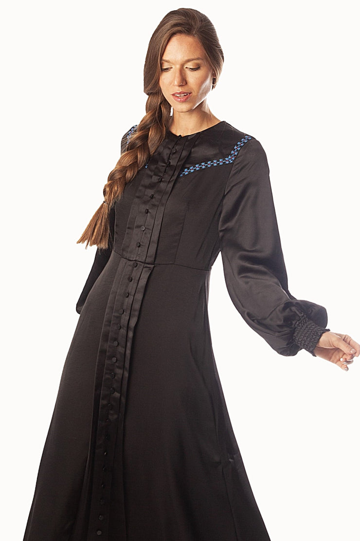 Pleated Placket w/ Embroidery Detail Dress