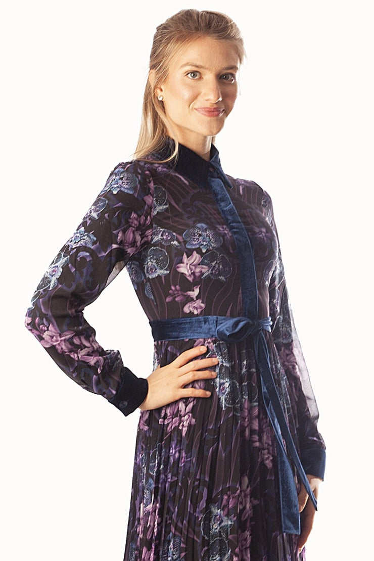 Floral Printed w/ Velvet Cuff + Collar Dress