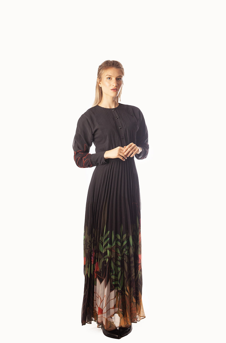 Floral Bordered + Sleeve Pleated Dress