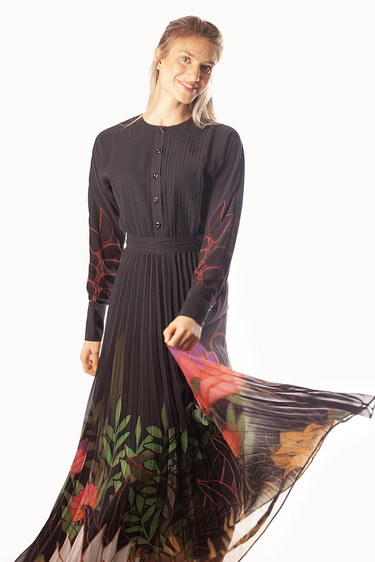 Floral Bordered + Sleeve Pleated Dress