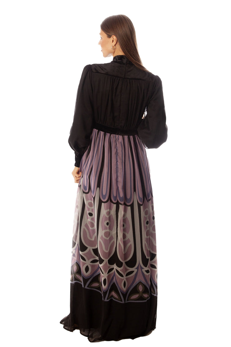 Velvet Top+Cuff Printed Gown