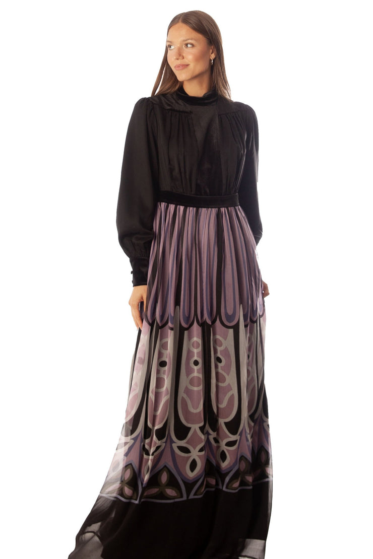 Velvet Top+Cuff Printed Gown