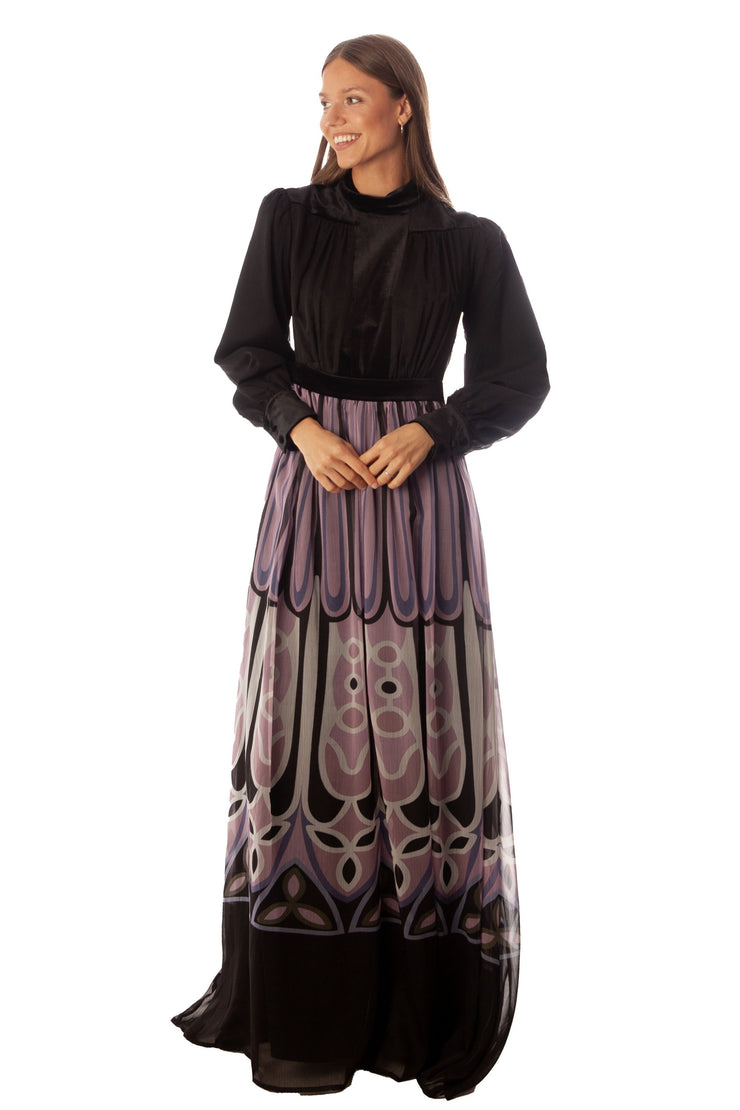 Velvet Top+Cuff Printed Gown