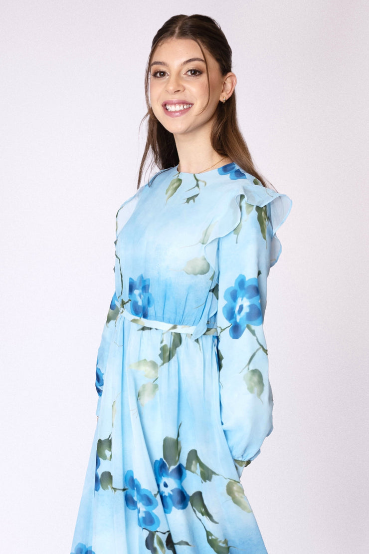 Floral Chiffon Side Ruffles Dress