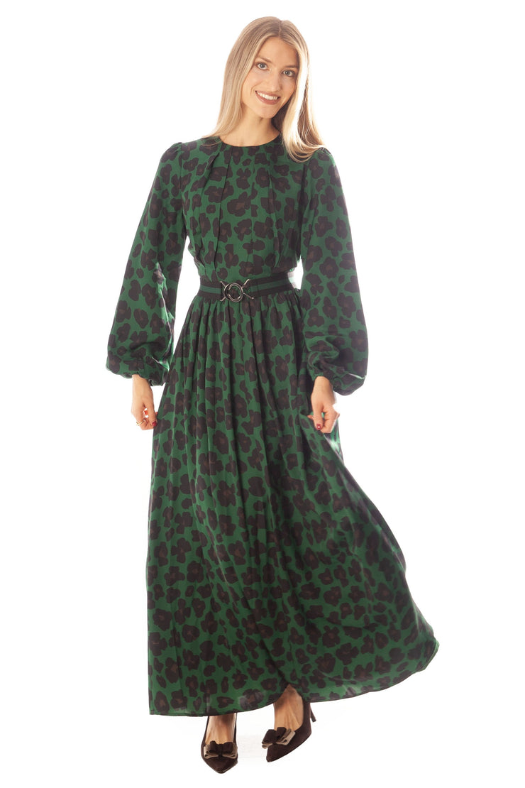 Floral Print Dress w/ Striped Belt