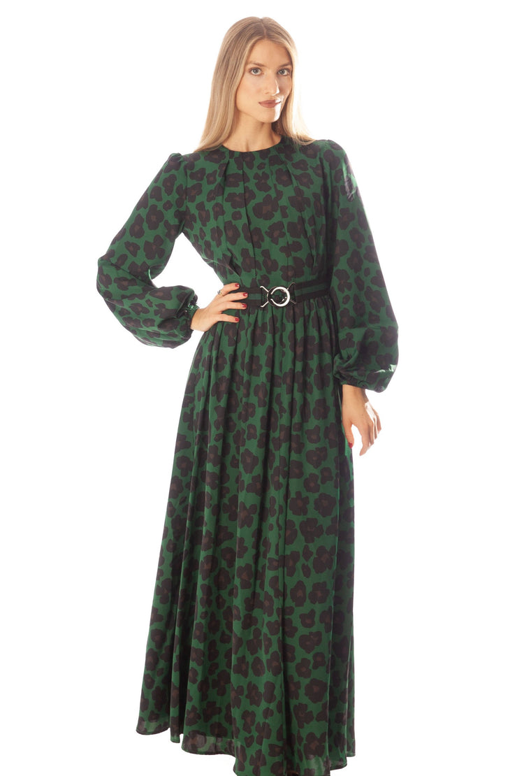 Floral Print Dress w/ Striped Belt