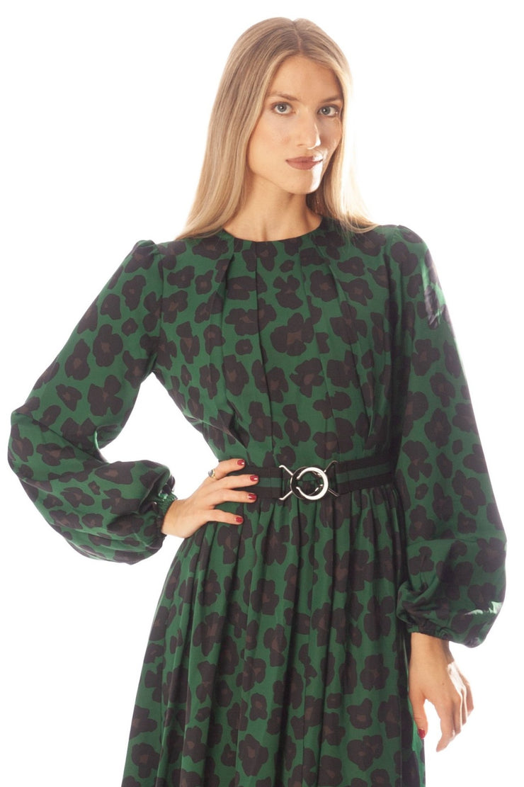 Floral Print Dress w/ Striped Belt