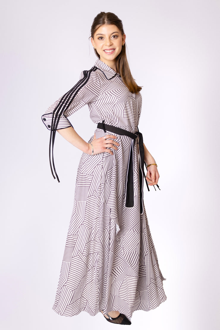 Contrast Piped + Belted Geometric Dress