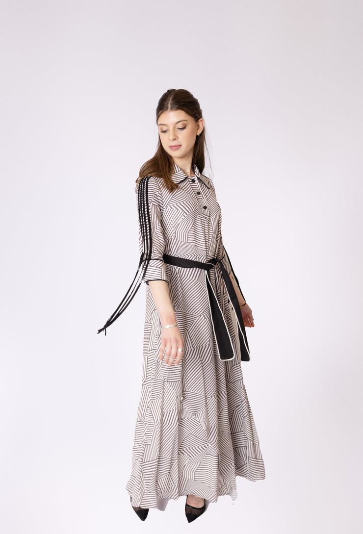 Contrast Piped + Belted Geometric Dress