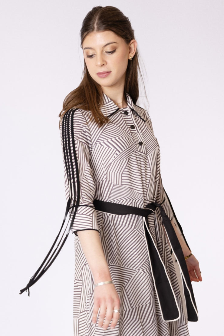 Contrast Piped + Belted Geometric Dress