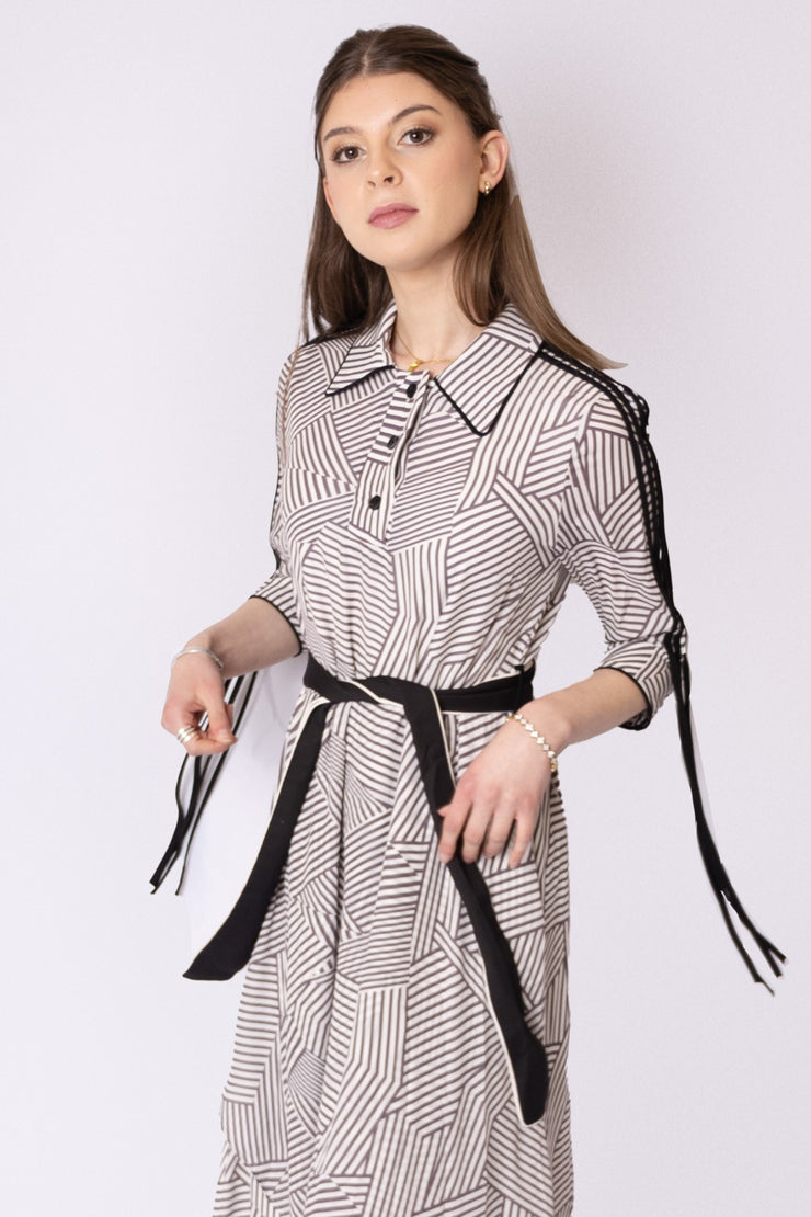 Contrast Piped + Belted Geometric Dress