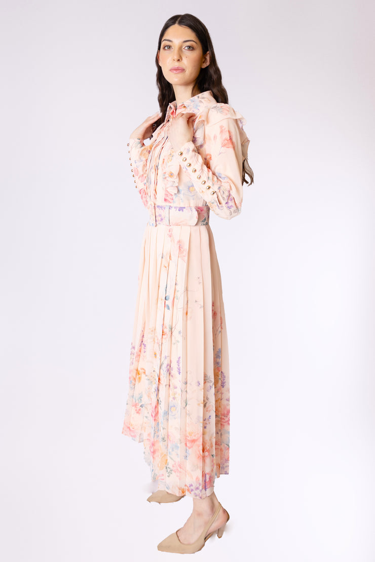 Floral Chiffon Pleated Midi Dress