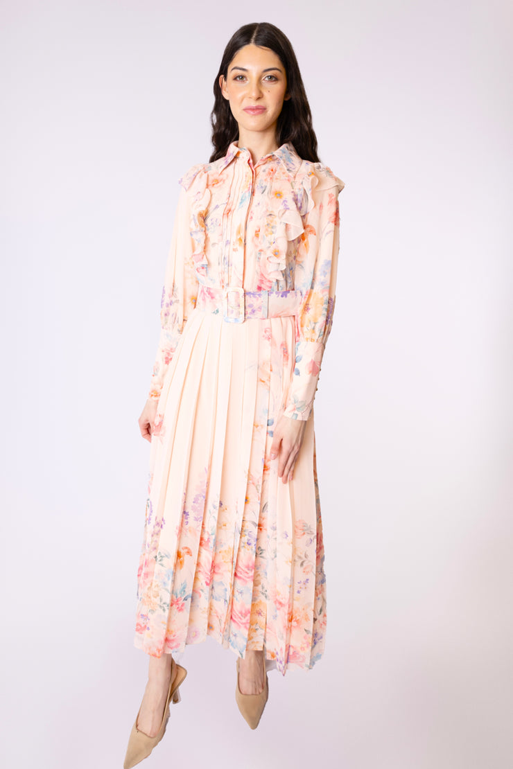 Floral Chiffon Pleated Midi Dress