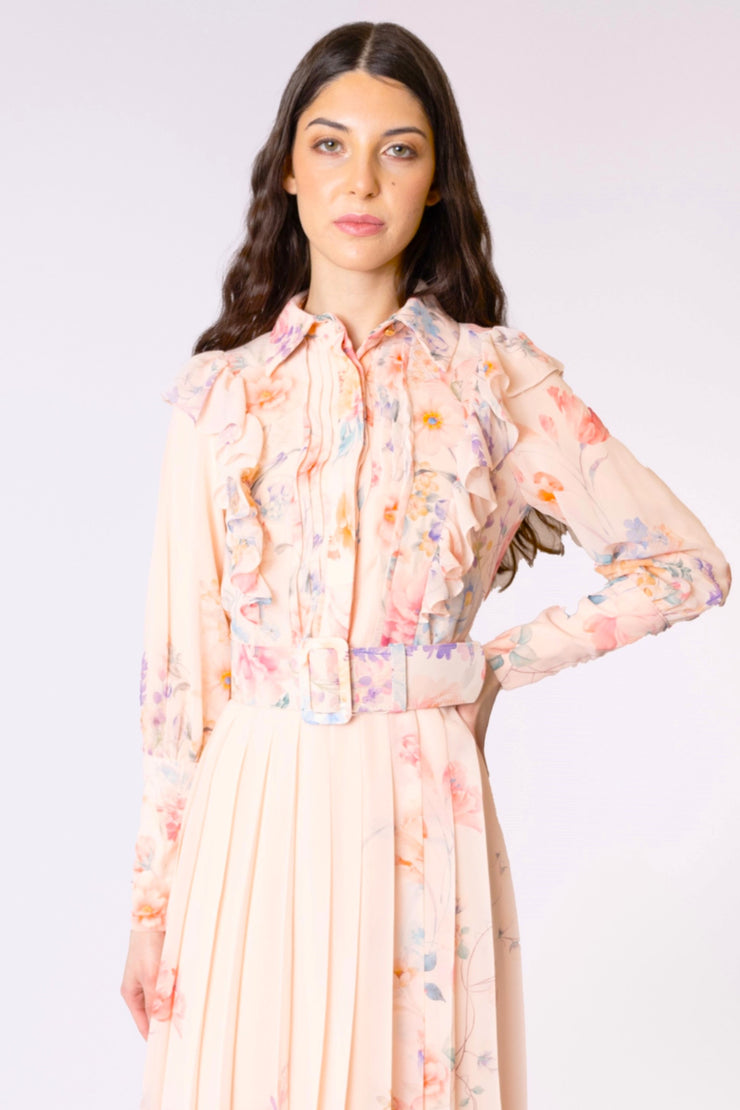 Floral Chiffon Pleated Midi Dress