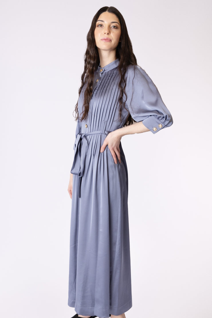 Satin Pouffe Sleeve Pleated Dress