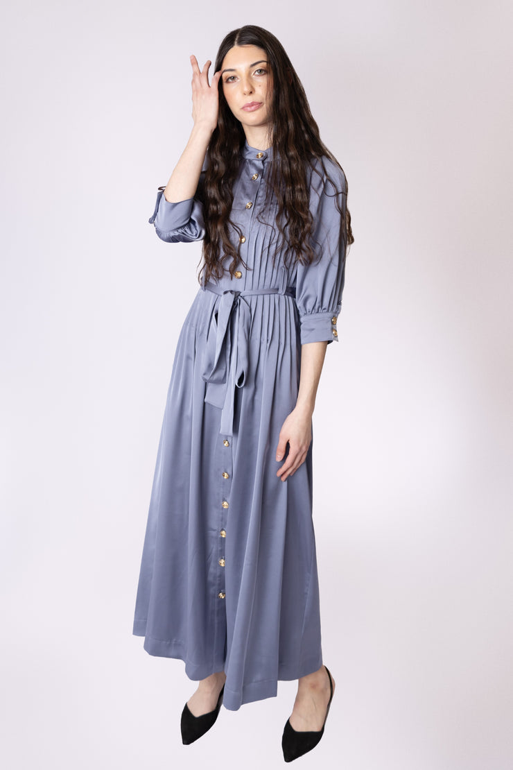 Satin Pouffe Sleeve Pleated Dress