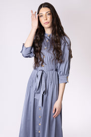 Satin Pouffe Sleeve Pleated Dress