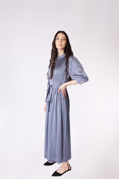 Satin Pouffe Sleeve Pleated Dress