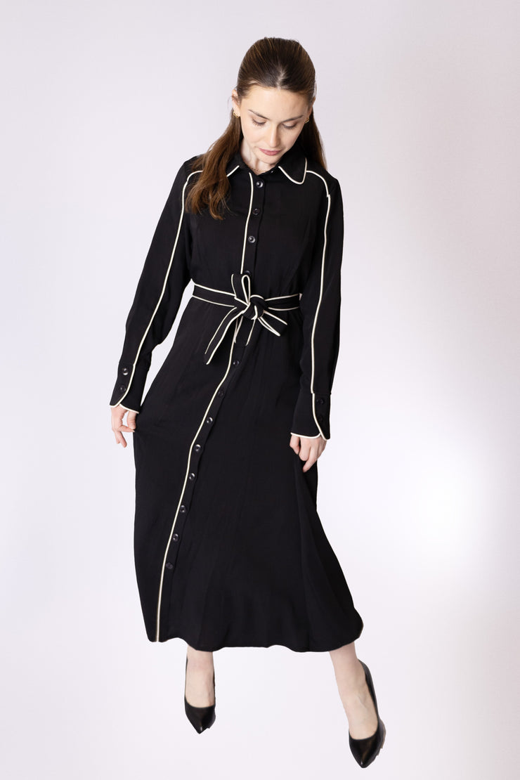 Contrast Piping Belted Dress