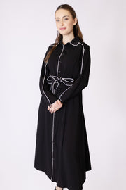 Contrast Piping Belted Dress