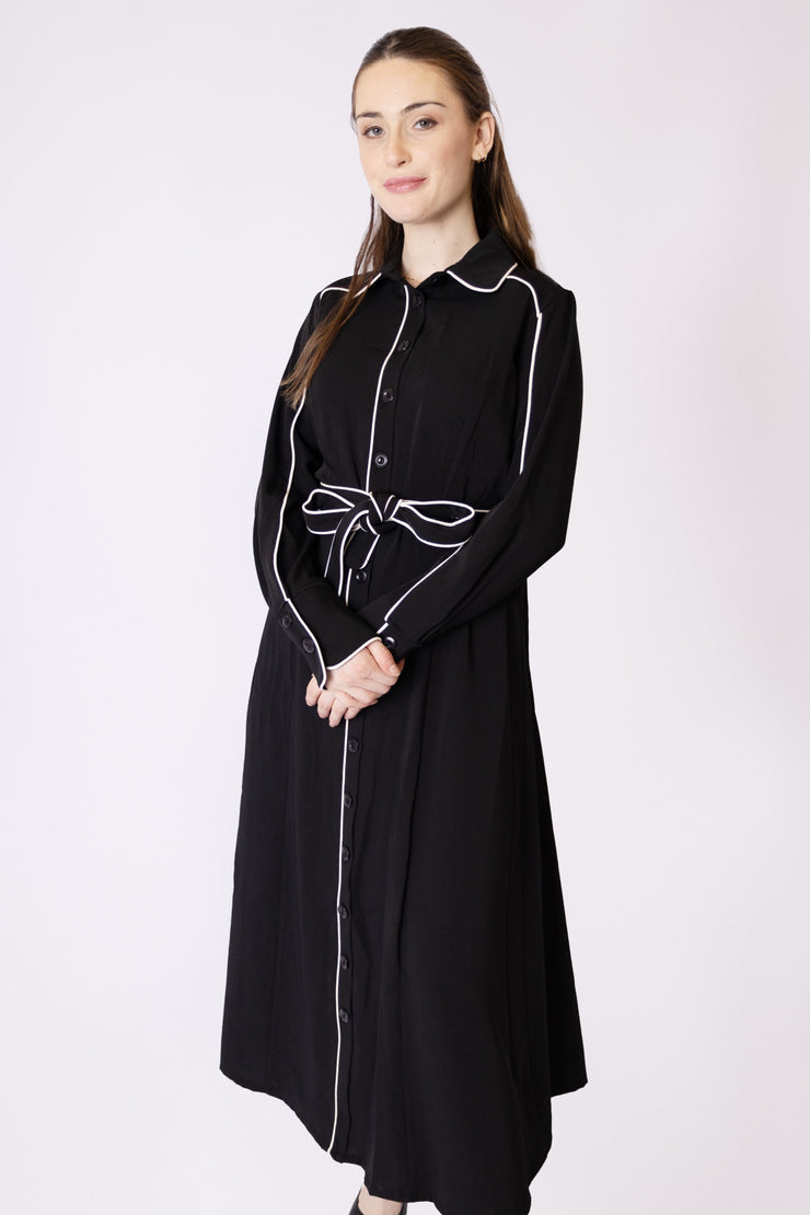 Contrast Piping Belted Dress