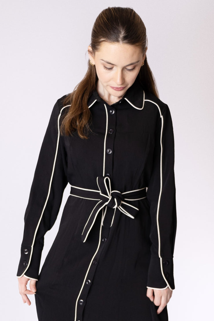 Contrast Piping Belted Dress