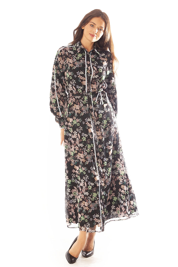 Floral Chiffon w/ Flat Piping Dress