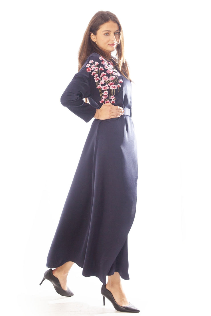 Embroidered Poppies Belted Dress