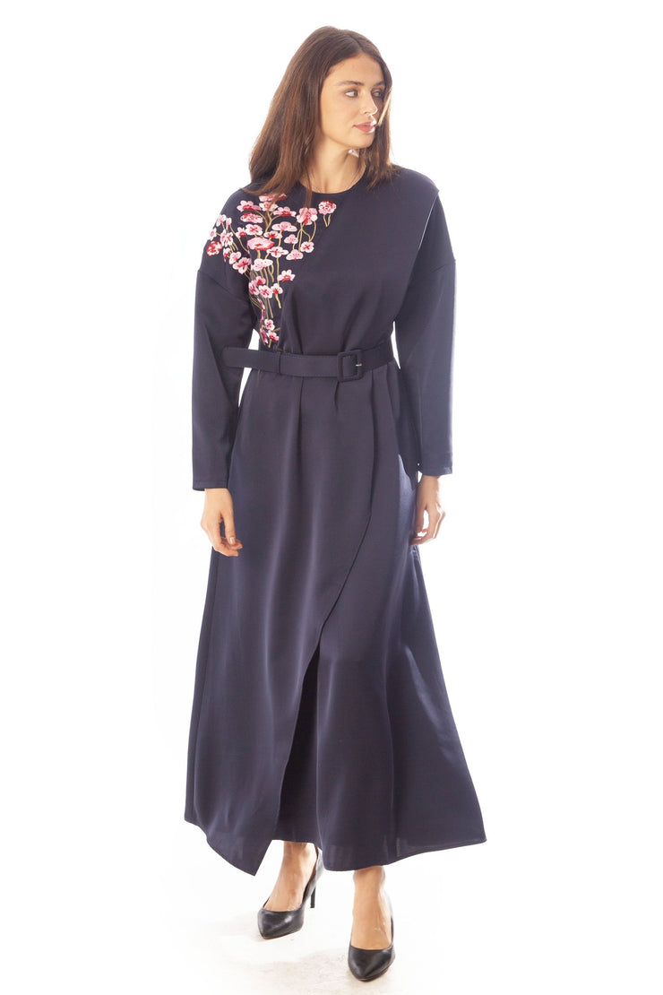 Embroidered Poppies Belted Dress