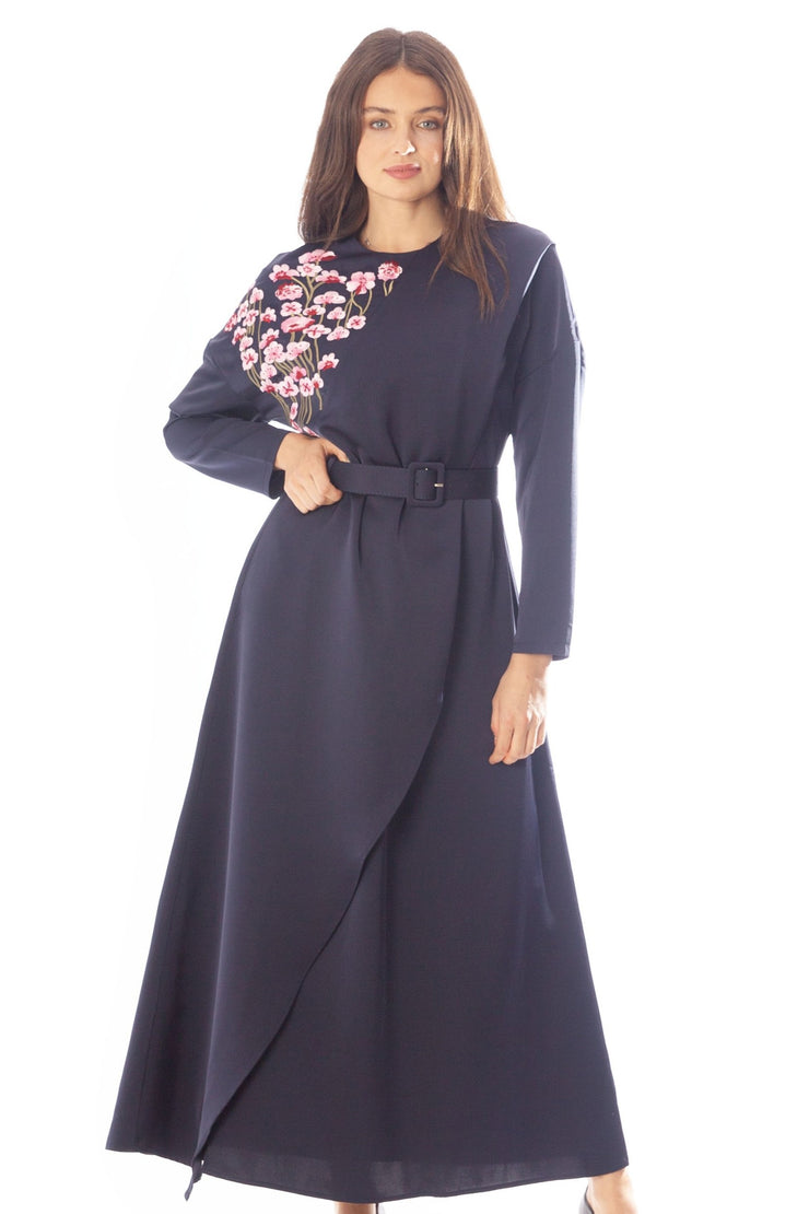 Embroidered Poppies Belted Dress