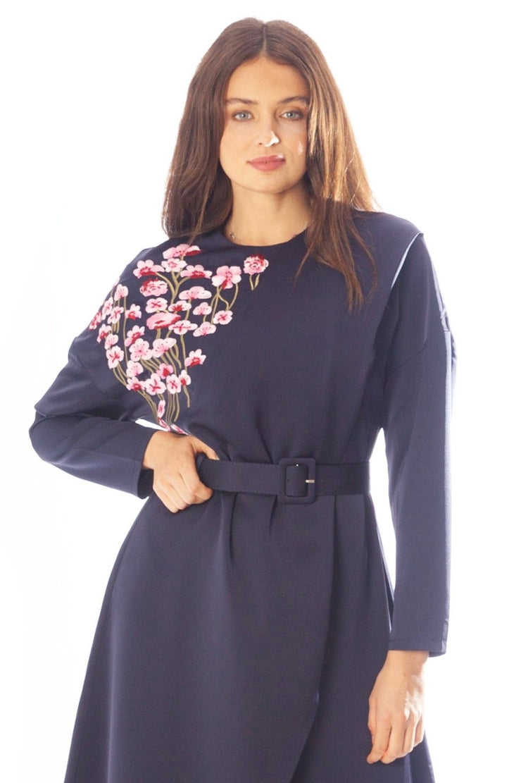 Embroidered Poppies Belted Dress