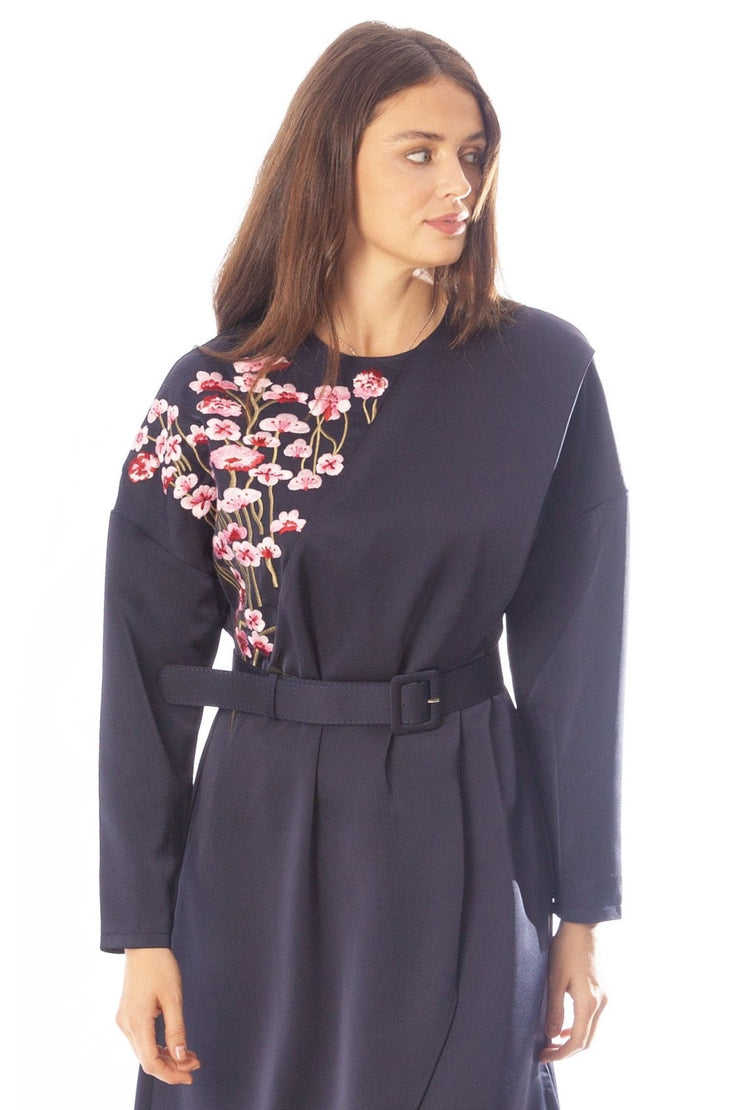 Embroidered Poppies Belted Dress